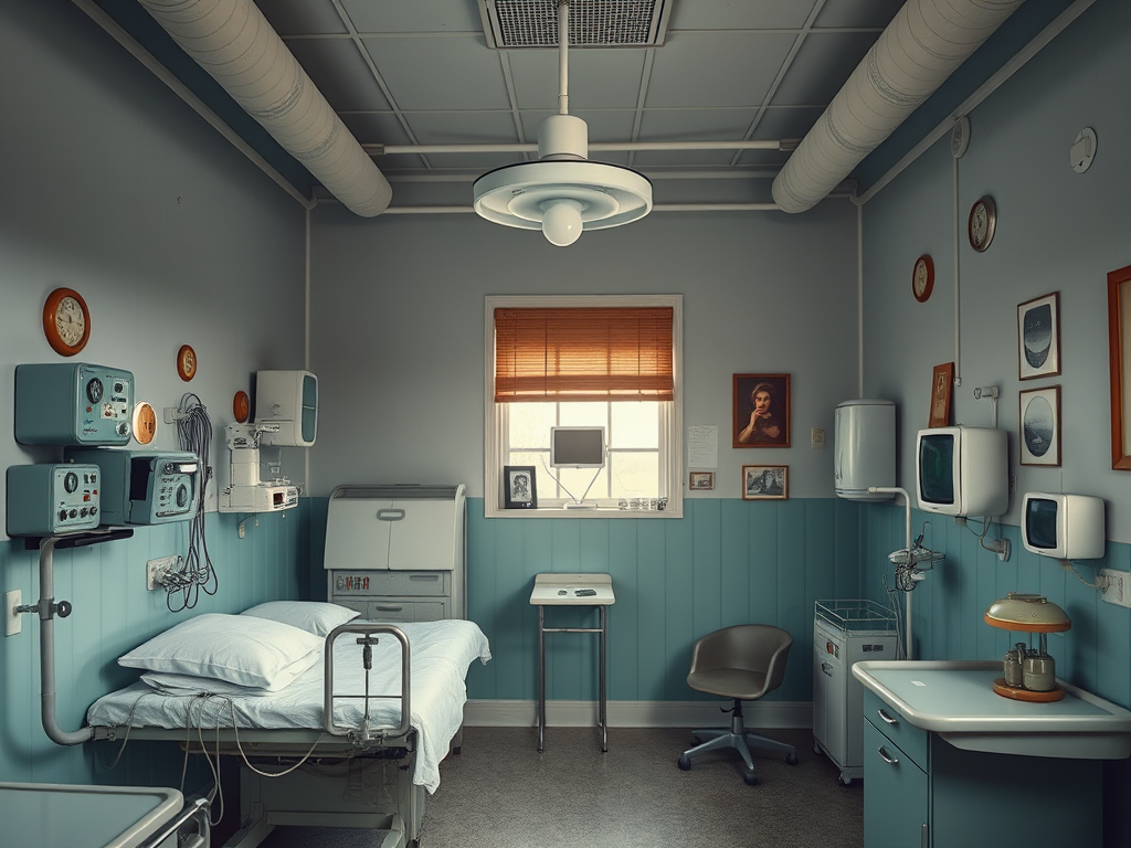 Интерьер hospital room с медицинским оборудованием, кроватью и окнами, оформленный в нежных голубых тонах.